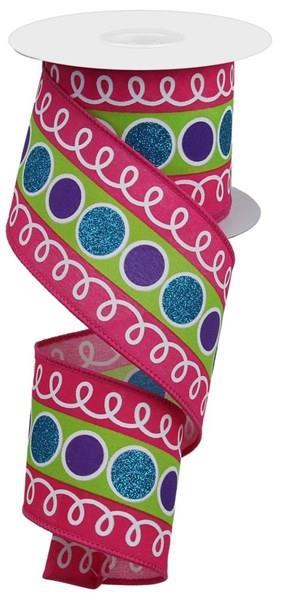 The 2.5 x 10 YD Turquoise Lime Purple and Pink Stripe Glitter Circle Ribbon (RGE106811) features glittery blue and purple polka dots, pink edges, white wavy lines, a green center stripe, and is partially unspooled for display.