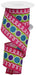 The 2.5 x 10 YD Turquoise Lime Purple and Pink Stripe Glitter Circle Ribbon (RGE106811) features glittery blue and purple polka dots, pink edges, white wavy lines, a green center stripe, and is partially unspooled for display.