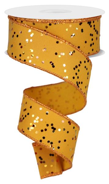 Add sparkle to any project with the 1.5 x 10 yd Mustard/Brown/Rust/Lt Copper/Gold Sprinkled Hex Glitter Finish Ribbon (RGE1253K7), featuring a glittery hex pattern in warm tones and an eye-catching finish.