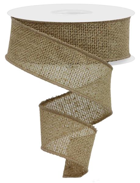 The 1.5X10Yd Light Beige Faux Burlap Ribbon RGE140101 is shown unwound in a spiral from its white spool, highlighting its mesh texture against a plain background.
