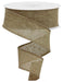 The 1.5X10Yd Light Beige Faux Burlap Ribbon RGE140101 is shown unwound in a spiral from its white spool, highlighting its mesh texture against a plain background.