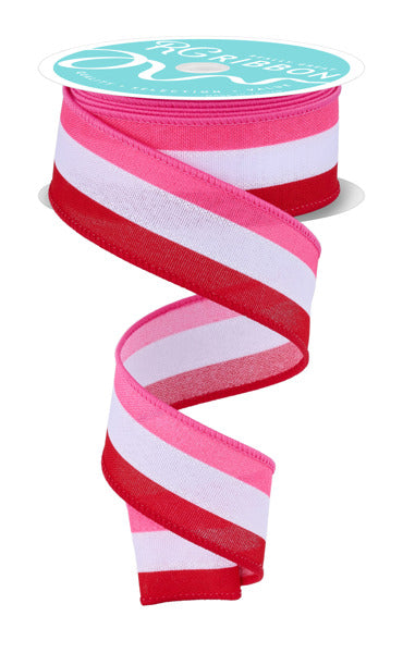 A spool of 1.5 X10Yd Hot Pink/White/Red Faux 3-In-1 Vertical Stripe Ribbon (RGE16088F), featuring vibrant vertical stripes, is unspooled in a zigzag shape against a white background.