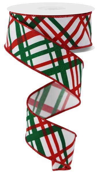 A spool of 1.5 x 10YD White Red and Emerald Windowpane Plaid Ribbon (RGE1652K2) unwinds in a spiral against a white background, showcasing its vibrant red and emerald plaid pattern.