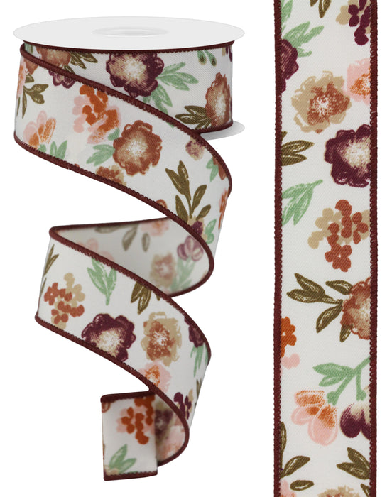 1.5"X10Yd Soft Florals On Diagonal Weave Ivory/Autumn Multi RGE1757TX