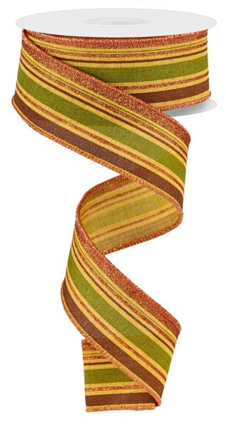 The 1.5X10Yd Dk Mustard Moss Brown Orange Vertical Stripe Ribbon (RGE182157) is partially unspooled, displaying its bold vertical stripes in moss, dark mustard, green, orange, and brown as the ribbon curls downward.