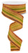The 1.5X10Yd Dk Mustard Moss Brown Orange Vertical Stripe Ribbon (RGE182157) is partially unspooled, displaying its bold vertical stripes in moss, dark mustard, green, orange, and brown as the ribbon curls downward.