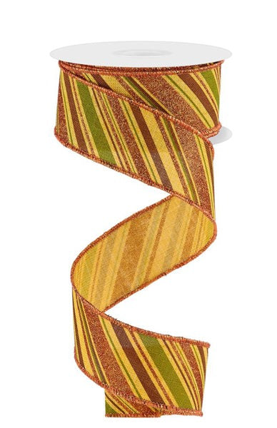 A spool of 1.5X10Yd Dk Mustard Moss Brown and Orange Diagonal Stripe Ribbon (RGE182457) with glittered edges, unfurls in a loose spiral.