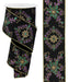 The 2.5 X10Yd Black/Mardi Gras Ornate Loop Diamond Ribbon RGE192402 features black fabric with intricate gold, purple, and green glitter floral and diamond patterns, finished with elegant gold-trimmed edges along its length.