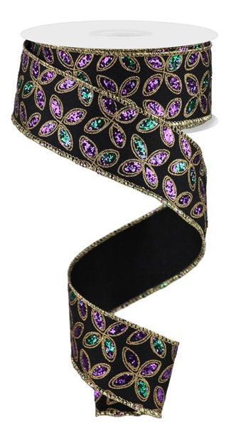 A 1.5 x 10yd spool of Black/Mardi Gras Quatrefoil Petals Ribbon (RGE192502) features a festive design in black with Mardi Gras colors, perfect for decorating, and unrolls easily in a spiral shape.