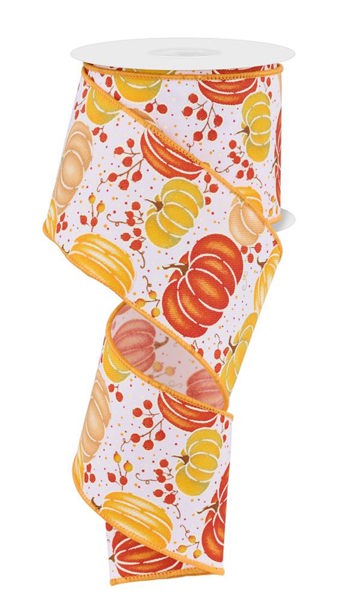 A 2.5X10Yd White Brown Rust and Yellow Pumpkins with Berries Ribbon (RGE1983W6) featuring an autumn-inspired pumpkin and berry design on a crisp white background.