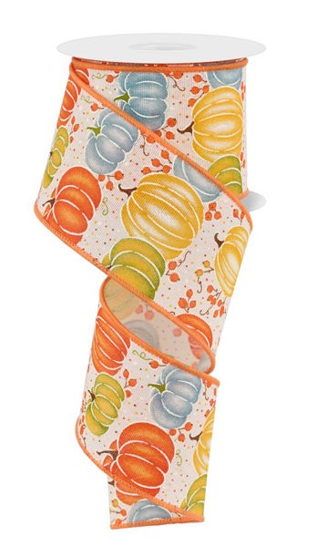 The 2.5X10Yd Cream Brown Rust and Orange Pumpkins with Berries Ribbon (RGE1985C2) features pumpkins in fall hues, orange edging, and berry accents on a light cream background.