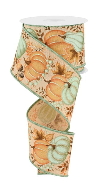 A 2.5x10yd ribbon in tan, light orange, and light sage with pumpkins, gourds, and leaves—RGE1987J1—ideal for adding festive autumn charm to your decor.