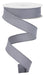 The 7/8X10Yd Diagonal Weave Grey RGE720210 ribbon unfurls in a spiral, featuring a smooth wired finish with a subtle sheen. The spool has a white cylindrical top.