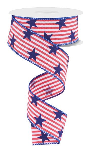 The 1.5X10YD Red/White/Navy Stars On Woven Stripe Ribbon RGF1034W7 unfurls with grace, featuring red and white stripes adorned with blue stars. Its blue wired edge enhances easy shaping, coiling in an elegant manner akin to the American flag.