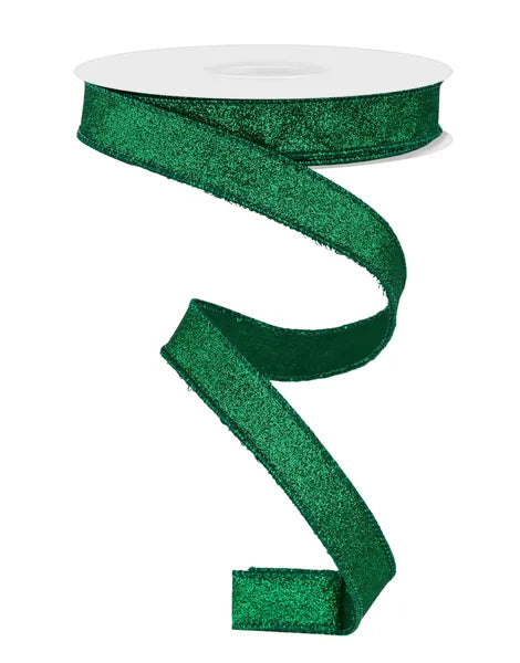 A spool of 5/8X10YD Emerald Green Shimmer Glitter Ribbon RGF108906 with a loose, curled section hanging in a spiral shape against a white background.