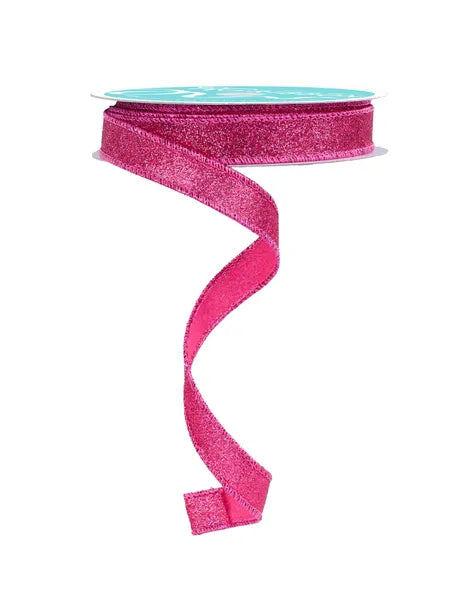 A spool of 5/8X10YD Hot Pink Shimmer Glitter Ribbon (RGF108911) with a sparkly loose end hanging in a gentle spiral, set against a white background.