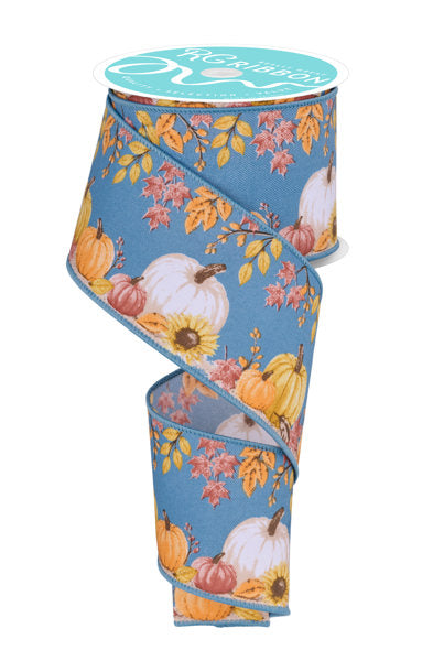 A 2.5x10yd ribbon featuring diagonal designs of pumpkins and foliage in white, yellow, orange, brown, and smoke blue. (RGF13003E).