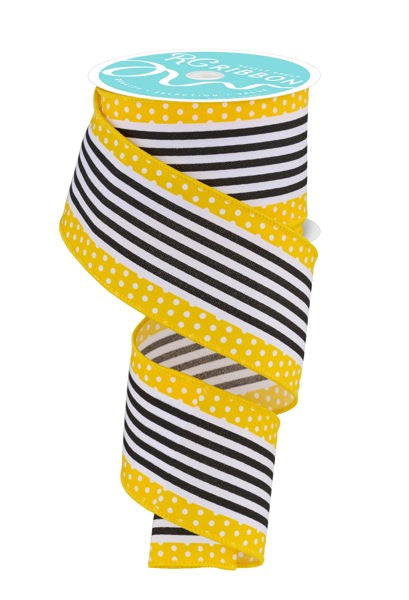 The 2.5x10YD White/Black/Yellow Vertical Stripe/Polka Dot Edge Ribbon (RGF1301CJ) features bold black and white stripes and bright yellow edges with white polka dots, providing a whimsical spiral effect when partially unwound, perfect for playful decorations.