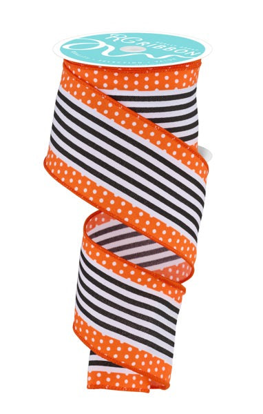 A partially unrolled 2.5X10Yd White Black Orange Vertical Stripe with Polka Dot Edge Ribbon (RGF1301GG) featuring black and white stripes in the center and orange edges with white polka dots.