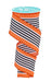 A partially unrolled 2.5X10Yd White Black Orange Vertical Stripe with Polka Dot Edge Ribbon (RGF1301GG) featuring black and white stripes in the center and orange edges with white polka dots.