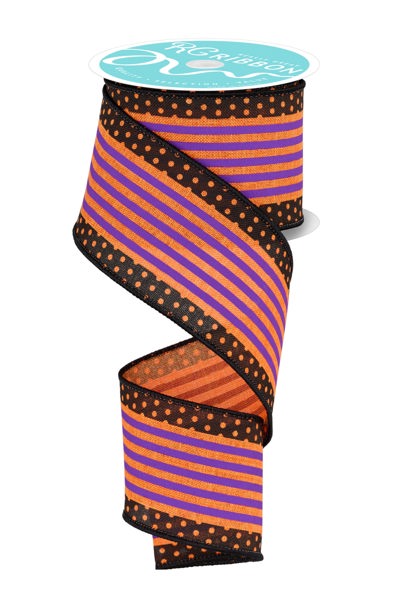 Add flair to gifts or crafts with the 2.5X10Yd Orange Purple Black Vertical Stripe with Polka Dot Edge Ribbon (RGF139820), featuring vibrant stripes and playful polka dot edges. Perfect for creative decorating projects!.