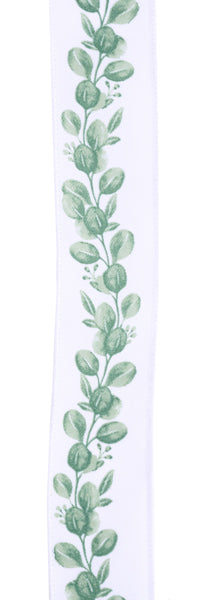 The 1.5 x10yd White/Lt Green/Sage Eucalyptus Ribbon (RGF148627) features a vertical design of green leafy branches in white, light green, and sage tones running down the center.