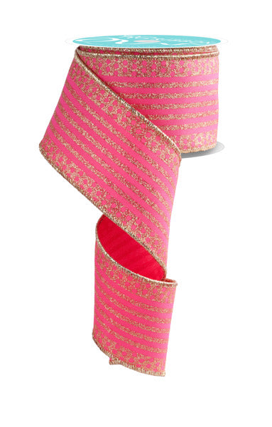 A spool of 2.5X10Yd Hot Pink Gold Vertical Stripe with Dot Edge Ribbon (RGF151011) is partially unrolled in a loose spiral, displayed against a white background.