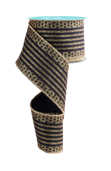 A spool of 2.5X10YD decorative wired ribbon with black and gold vertical stripes and dot edges (Product Code: RGF151086), featuring glitter details and a loose spiral shape, topped with turquoise for a vibrant touch.