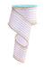 The 2.5X10YD White/Gold Vertical Stripe/Dot Edge Ribbon RGF1510C6 is partially unrolled, showcasing its scalloped edges and shimmering stripes that beautifully reflect the light against a white background, enhancing its elegant charm.