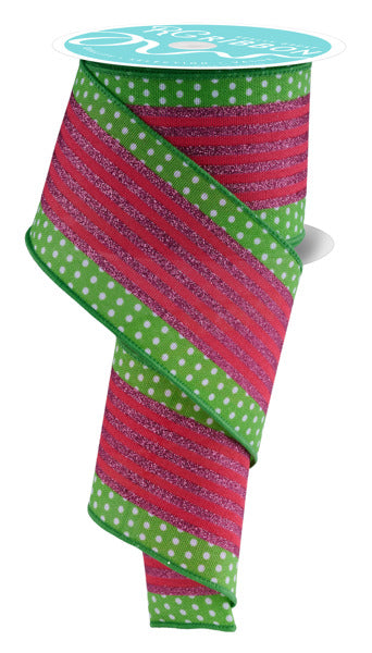 The 2.5X10YD White/Green/Bright Red/Pink Vertical Stripe/Polka Dot Edge Ribbon RGF156609 features green edge polka dots and shimmering red center stripes, partially unrolled and perfect for elegant crafts.