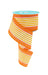 A 2.5X10YD White Orange Yellow Vertical Stripe/Polka Dot Edge Ribbon (RGF156720) unfurls in a spiral from its pale blue spool with text, perfect for festive decor.