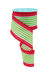 The 2.5X10YD White Red Lime Green Vertical Stripe/Polka Dot Edge Ribbon (RGF156724) spirals elegantly from the spool, showcasing its festive design with green and white stripes bordered by red edges adorned with charming white polka dots.