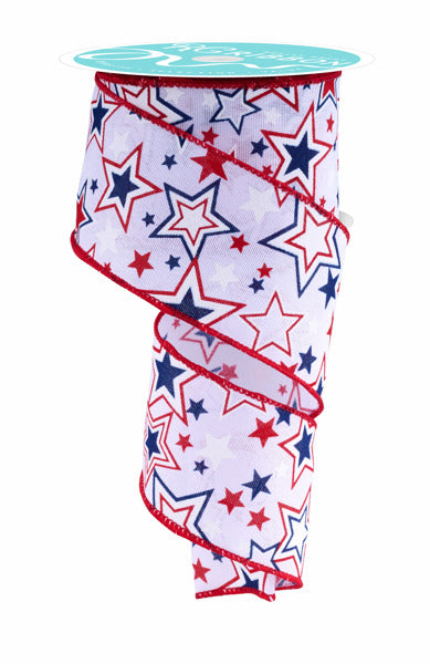 The 2.5X10YD Ribbon RGF158027 features white/red/blue printed stars with glitter, elegantly adorned on a spool in wavy patterns and framed with a bold red border.