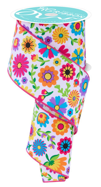The 2.5X10Yd White Multi Fiesta Florals Ribbon RGF1614 features vibrant flowers and green leaves on a white background, with pink-stitched edges for a colorful, festive touch.