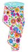 The 2.5X10Yd White Multi Fiesta Florals Ribbon RGF1614 features vibrant flowers and green leaves on a white background, with pink-stitched edges for a colorful, festive touch.