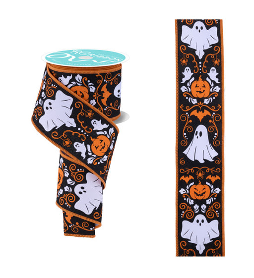 A 2.5x10yd White Black Orange Halloween Damask Ribbon (RGF1688GG) with orange edges displays white ghosts, orange pumpkins, black bats, and orange swirls in a repeating pattern; ribbon is partially unrolled for close-up view.