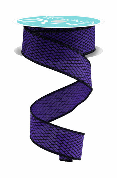 A 1.5X10Yd Purple and Black Mini Harlequin Ribbon (RGF169823) with black diamond pattern and edges unspools in a loose spiral against a white background.
