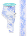 The 2.5x10yd White and Blue Chinoiserie Bird with Florals Ribbon (RGF1810WR) features a delicate bird and floral pattern printed along its length, partially unwound to showcase the detailed design.