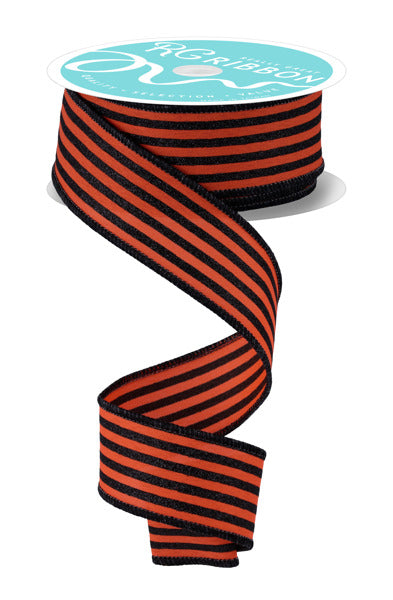 The 1.5 x 10Yd Dark Orange/Black Glitter Vertical Stripe Ribbon (RGF1970P2) features bold stripes and black edges, perfect for adding a festive, decorative touch to any celebration.