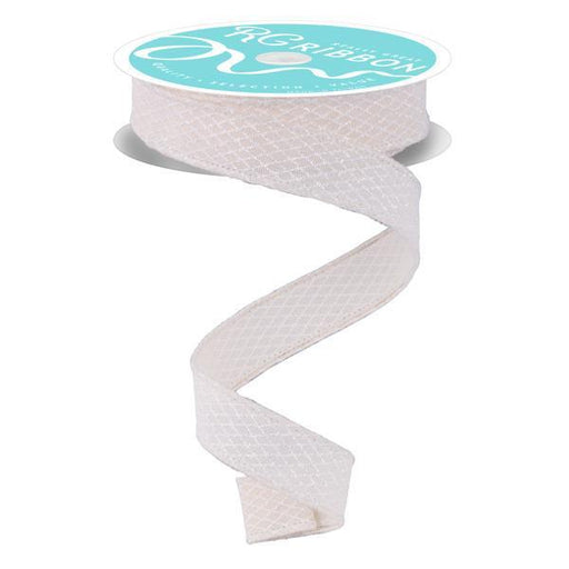 The 7/8 x 10YD Cream and White Mini Harlequin Ribbon (RGF7695C2) unrolls in a loose spiral, featuring a cream and white diamond pattern with a translucent look. The spool has a blue and white label with decorative text.