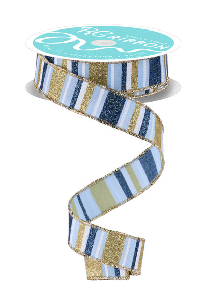 A spool of 7/8X10Yd Light Blue Smoke Blue Gold and White Horizontal Stripe Ribbon (RGF791814) with shimmering gold glitter edges, unwound in a loose spiral.