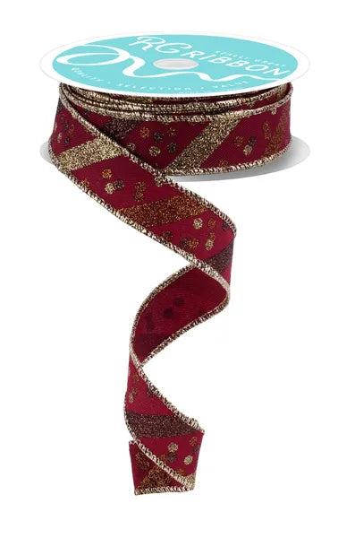 A spool of 7/8X10YD Wine Gold Brown Copper Glitter Stripe W/Confetti Dots Ribbon (RGF799272), partially unrolled and curled, is displayed against a white background.