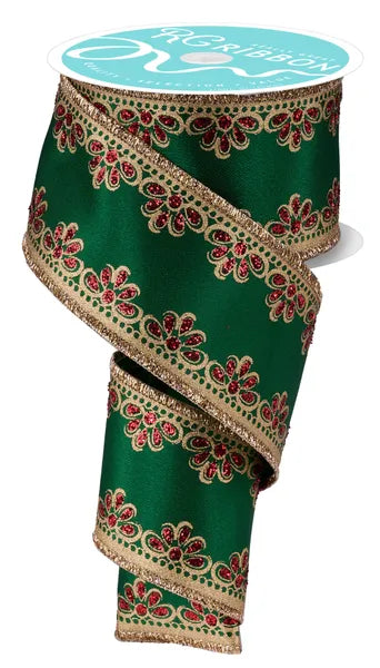 A 2.5X10YD Emerald Green Gold Red Lux Scallop Trim Ribbon (RGH10357R) with gold and red floral embroidery, partly unrolled in a spiral on a white background, shines with elegant scallop trim.
