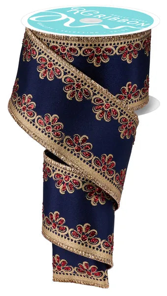A spool of 2.5x10YD Navy Blue Gold Red Lux Scallop Trim Ribbon (RGH1035WA) featuring gold edges and an intricate red and gold pattern.