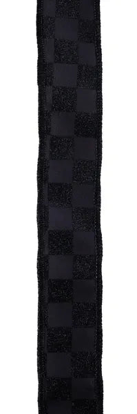 The 1.5X10YD Black Print Glitter Check Ribbon (RGH105902) features a narrow vertical checkerboard pattern with alternating matte and glittery squares.
