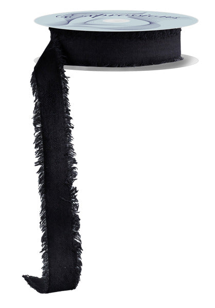 A 1 x 10 yd black frayed edge velvet ribbon (RN591002), without wire, partially unrolled and hanging down against a white background.