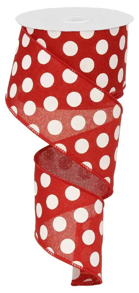 The 2.5X10YD Red White Medium Multi Dots Ribbon RX9146W7 has bold white polka dots on red and comes partially unrolled, spiral-shaped for a playful touch.