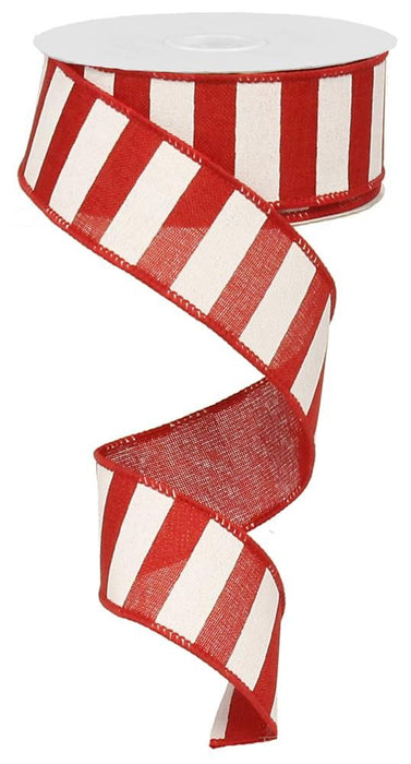 The 1.5 Inch Red White Horizontal Stripe Ribbon RX9148W7 features sturdy wire edges for easy shaping and displays bold red and white horizontal stripes, with the ribbon partially unspooled and curling in a spiral.