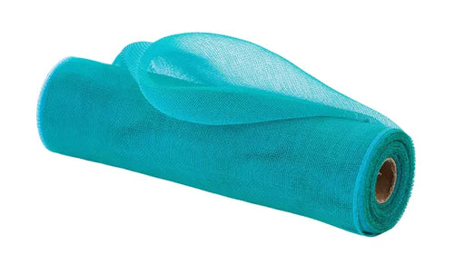 A partially unrolled Teal Fine Weave Mesh 10.25 Inches by 10 Yards (RY500060) reveals its lightweight, translucent texture and cylindrical cardboard core, set against a plain white background.