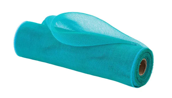 A partially unrolled Teal Fine Weave Mesh 10.25 Inches by 10 Yards (RY500060) reveals its lightweight, translucent texture and cylindrical cardboard core, set against a plain white background.